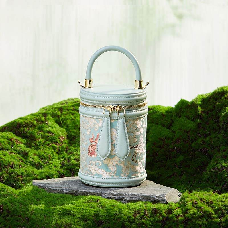 Song Brocade Leather Bucket Cylinder Bag - SinoCultural -- P11017902LB-2