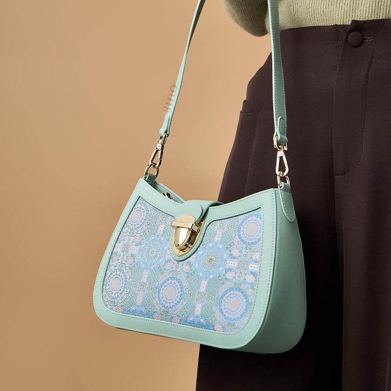 Song Brocade Leather Green Shoulder Bag Badayun Pattern - SinoCultural -- FJ270038-2