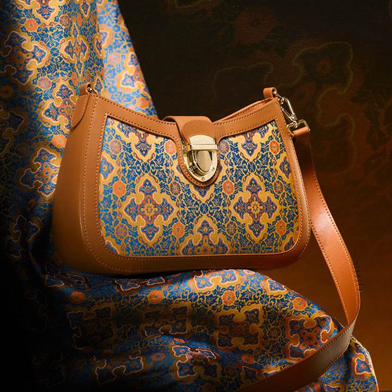 Song Brocade Leather Shoulder Underarm Bag Four Harmonies and Ruyi Pattern - SinoCultural -- P270038