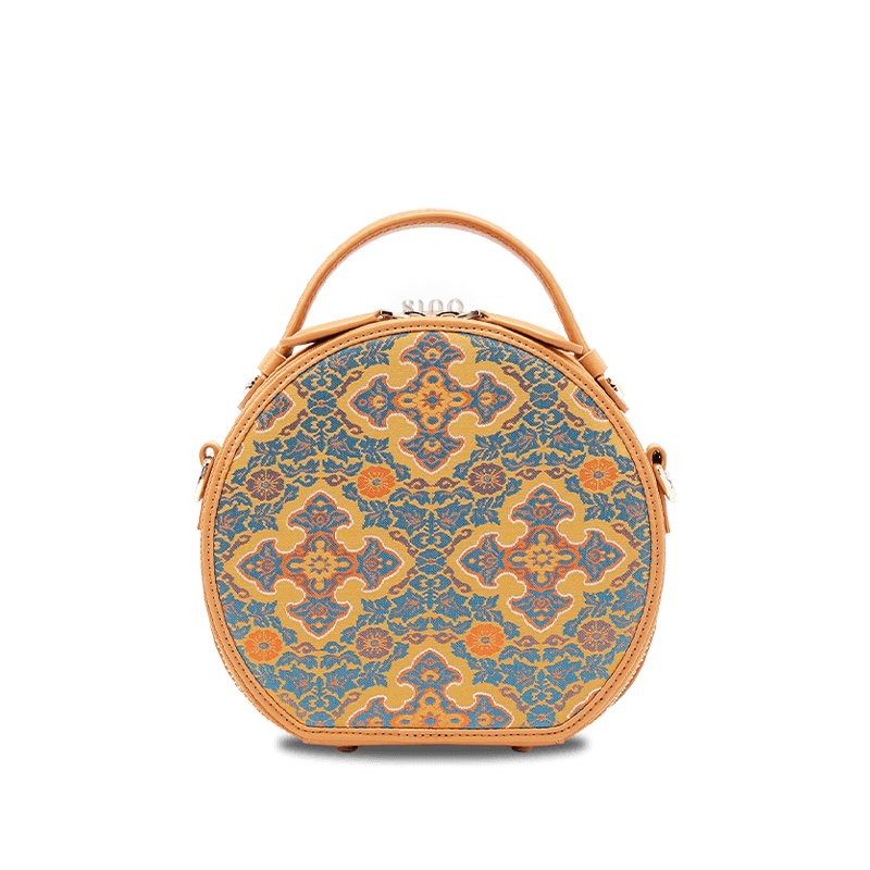 Song Brocade Brown Handheld Round Bag Four Harmonies and Ruyi Pattern - SinoCultural -- P12065502