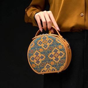 Song Brocade Brown Handheld Round Bag Four Harmonies and Ruyi Pattern - SinoCultural -- P12065502