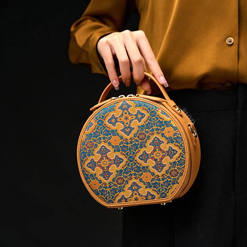 Song Brocade Brown Handheld Round Bag Four Harmonies and Ruyi Pattern - SinoCultural -- P12065502