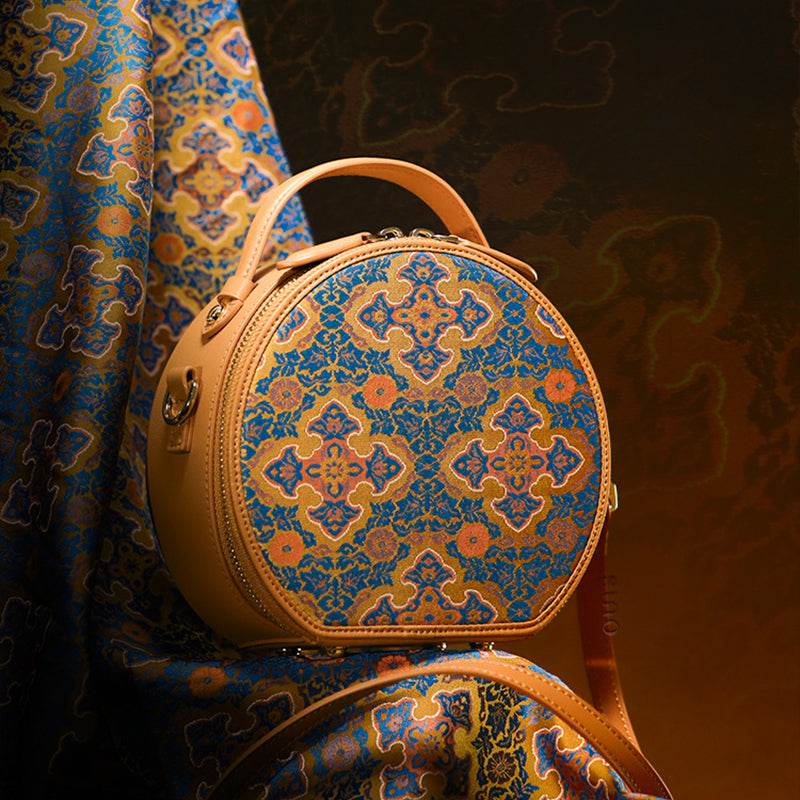 Song Brocade Brown Handheld Round Bag Four Harmonies and Ruyi Pattern - SinoCultural -- P12065502