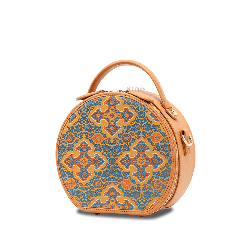 Song Brocade Brown Handheld Round Bag Four Harmonies and Ruyi Pattern - SinoCultural -- P12065502