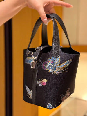 Spring Butterflies Song Brocade Basket Bag | Mulberry Silk Chinese Handbag-brocademodern