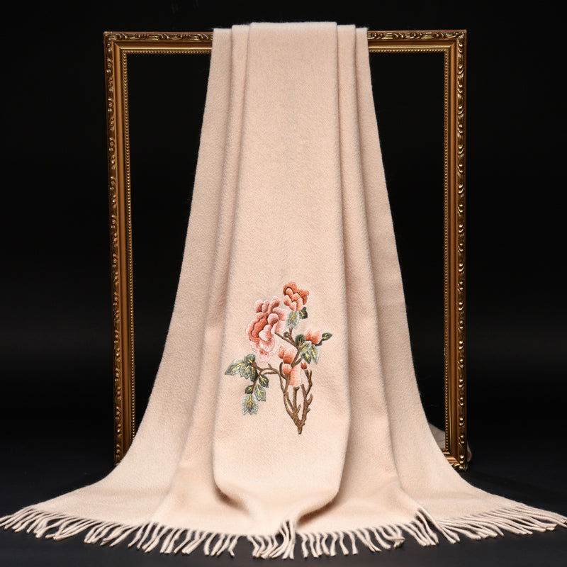 Handcrafted Su Embroidery Cashmere Scarf Warm Winter 200x70cm - SinoCultural -- HYFSJ022-2