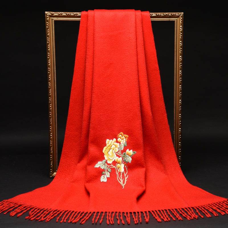 Handcrafted Su Embroidery Cashmere Scarf Warm Winter 200x70cm - SinoCultural -- HYFSJ022-2