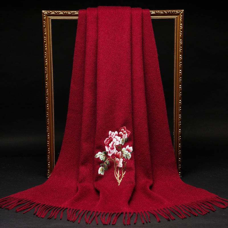 Handcrafted Su Embroidery Cashmere Scarf Warm Winter 200x70cm - SinoCultural -- HYFSJ022-2