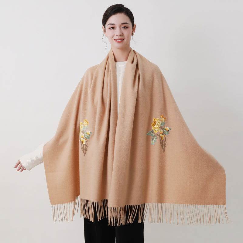 Handcrafted Su Embroidery Cashmere Scarf Warm Winter 200x70cm - SinoCultural -- HYFSJ022-2