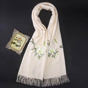 Handcrafted Su Embroidery Cashmere Scarf Luxury 200x70cm - SinoCultural -- HYFSJ020