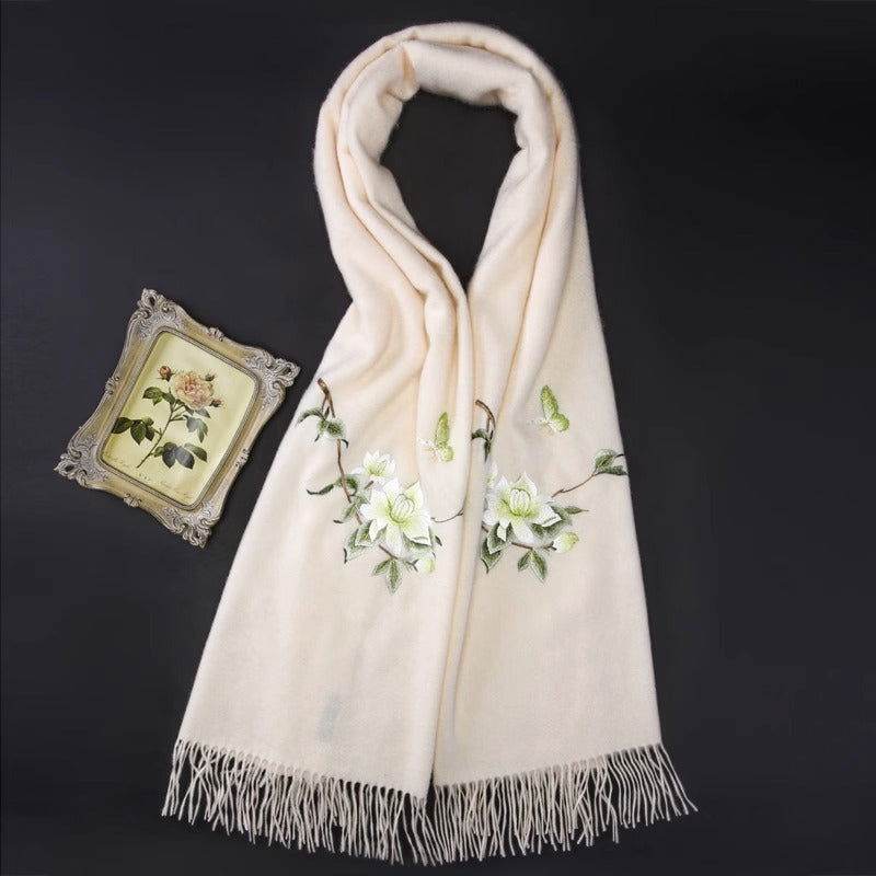 Handcrafted Su Embroidery Cashmere Scarf Luxury 200x70cm - SinoCultural -- HYFSJ020