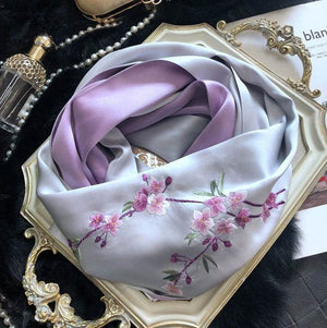 Handmade Su Embroidery 16 Momme Silk Scarf Orchid 155x35cm - SinoCultural -- HYFSJ031A03
