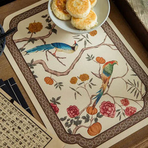2-Piece Chinoiserie Luxury Retro Floral Bird Waterproof Table Mat - SinoCultural -- TM049A30