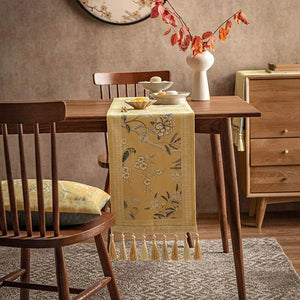 Chinoiserie Traditional Golden Autumn Table Runner - SinoCultural -- TR014Y160