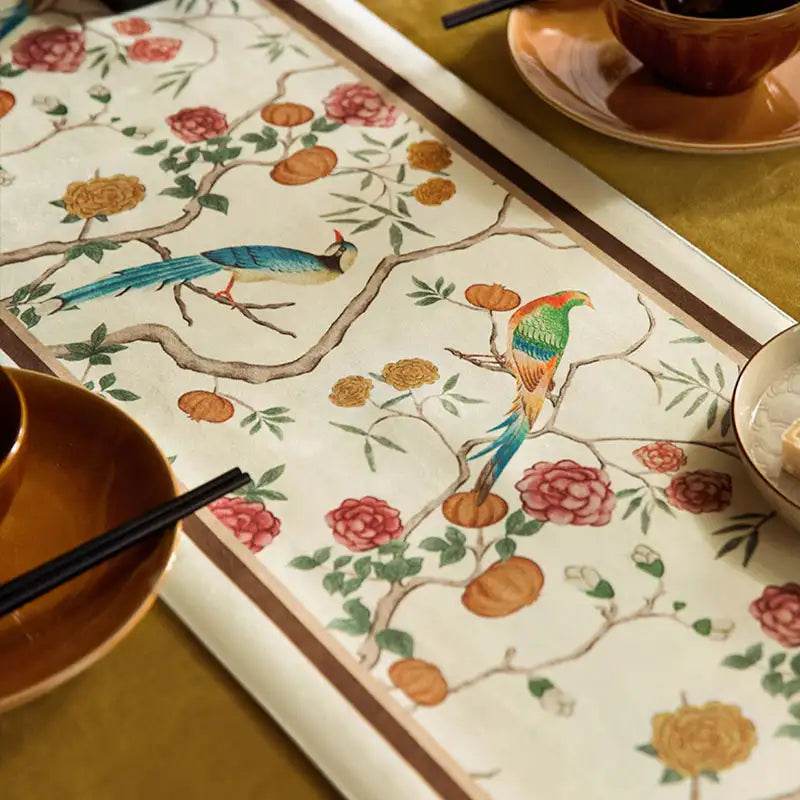 Chinoiserie Country Style Coffee Table Cover White Table Runner - SinoCultural -- TR022A160