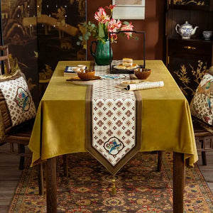 Chinoiserie Country Style Coffee Table Cover White Table Runner - SinoCultural -- TR022A160