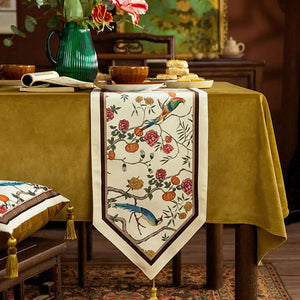 Chinoiserie Country Style Coffee Table Cover White Table Runner - SinoCultural -- TR022A160