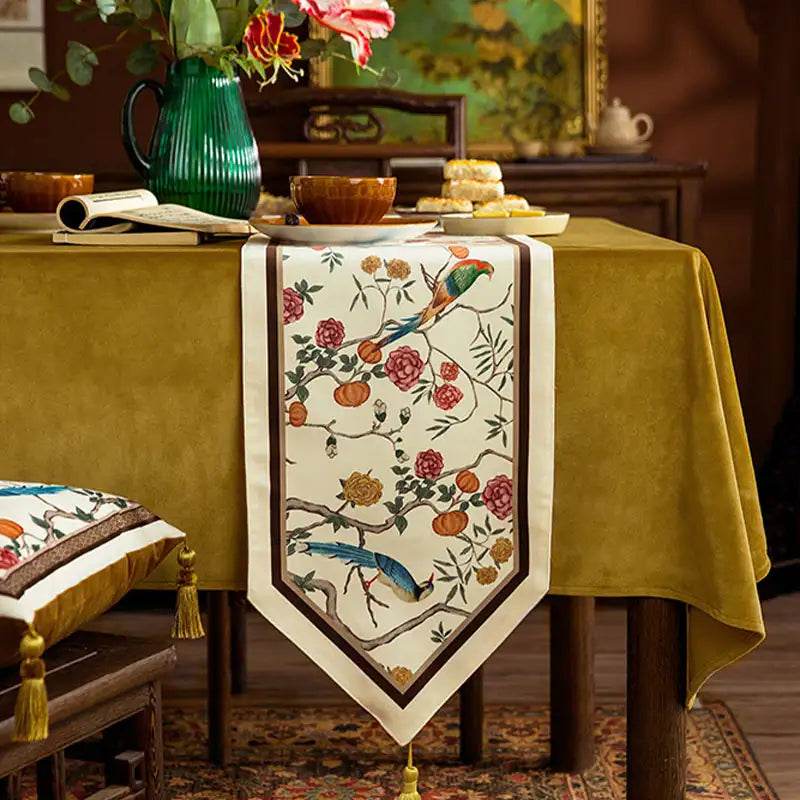 Chinoiserie Country Style Coffee Table Cover White Table Runner - SinoCultural -- TR022A160