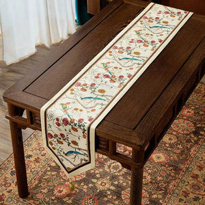 Chinoiserie Country Style Coffee Table Cover White Table Runner - SinoCultural -- TR022A160