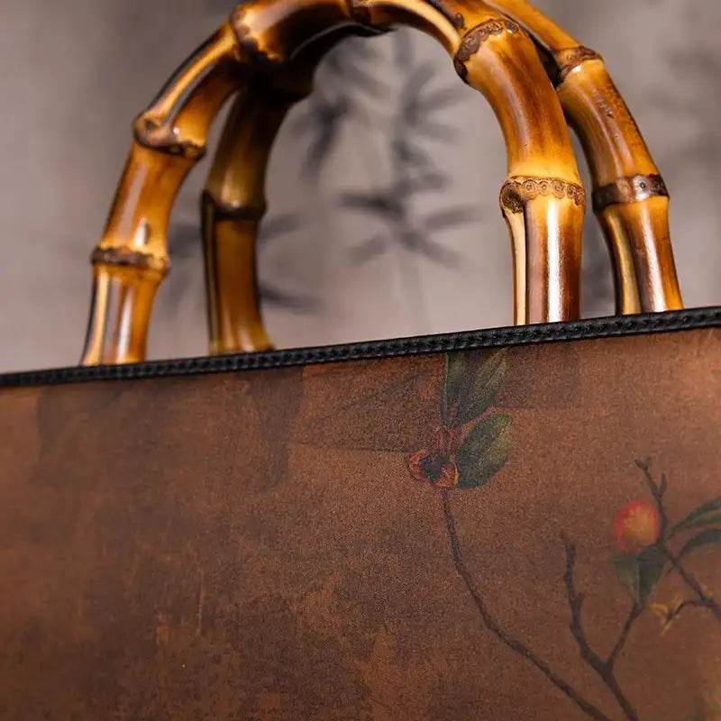 Xiangyunsha Silk Chinese Style Retro Bamboo Handle Tote Handbag - SinoCultural -- W4189-1
