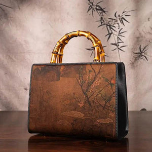 Xiangyunsha Silk Chinese Style Retro Bamboo Handle Tote Handbag - SinoCultural -- W4189-1