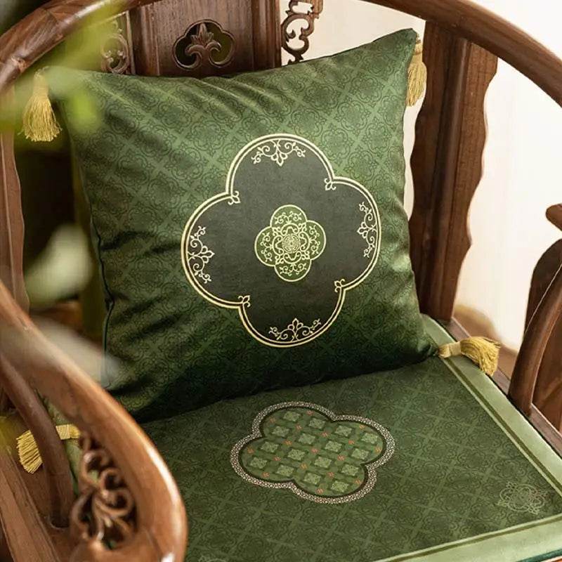 Chinoiserie Dark Green Vintage Short Plush Lumbar Pillow - SinoCultural -- WP001A01