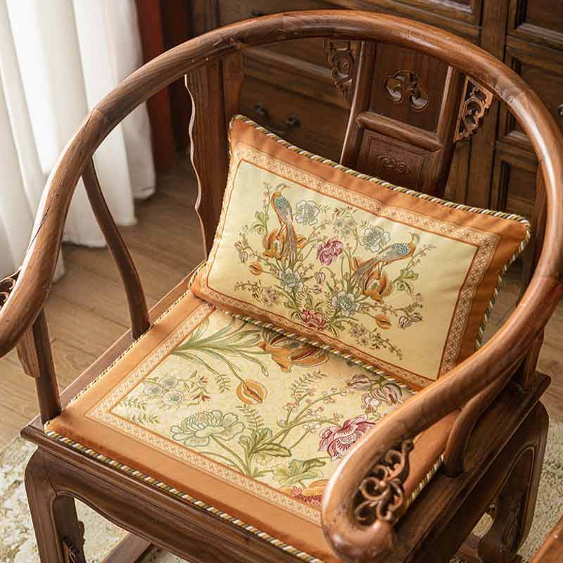 Chinoiserie Orange Spring Floral Bird Pattern Short Plush Chair Cushion - SinoCultural -- SC032A38