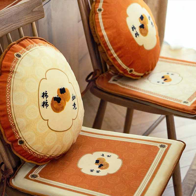 Chinoiserie Auspicious Wishes Dining Chair Cushion Persimmons Blessings - SinoCultural -- WP047A38