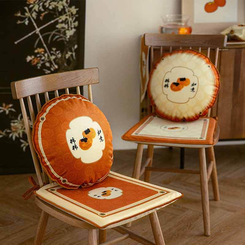 Chinoiserie Auspicious Wishes Dining Chair Cushion Persimmons Blessings - SinoCultural -- WP047A38