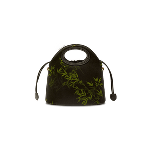 Xiangyunsha Silk Bamboo Black Drawstring Bucket Bag - SinoCultural -- YS120670-1