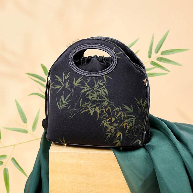 Xiangyunsha Silk Bamboo Black Drawstring Bucket Bag - SinoCultural -- YS120670-1