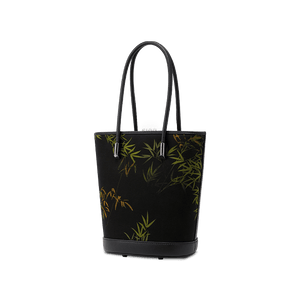 Xiangyunsha Silk Black Bamboo Print Crossbody Bucket Bag - SinoCultural -- P110608