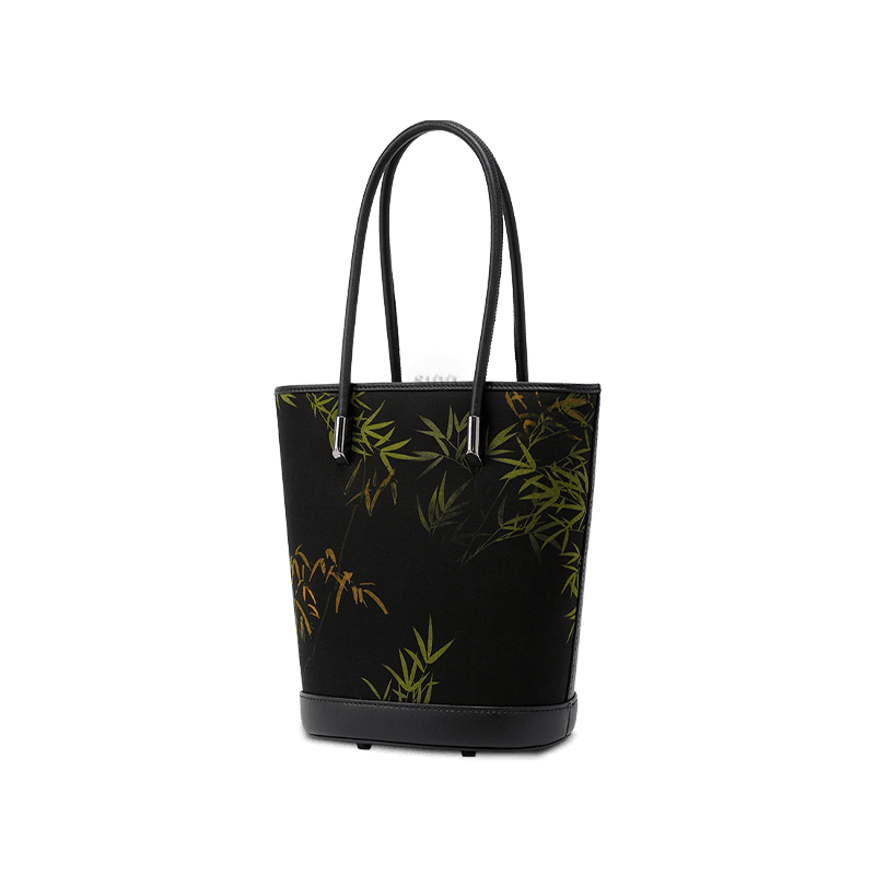 Xiangyunsha Silk Black Bamboo Print Crossbody Bucket Bag - SinoCultural -- P110608