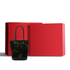 Xiangyunsha Silk Black Bamboo Print Crossbody Bucket Bag - SinoCultural -- P110608