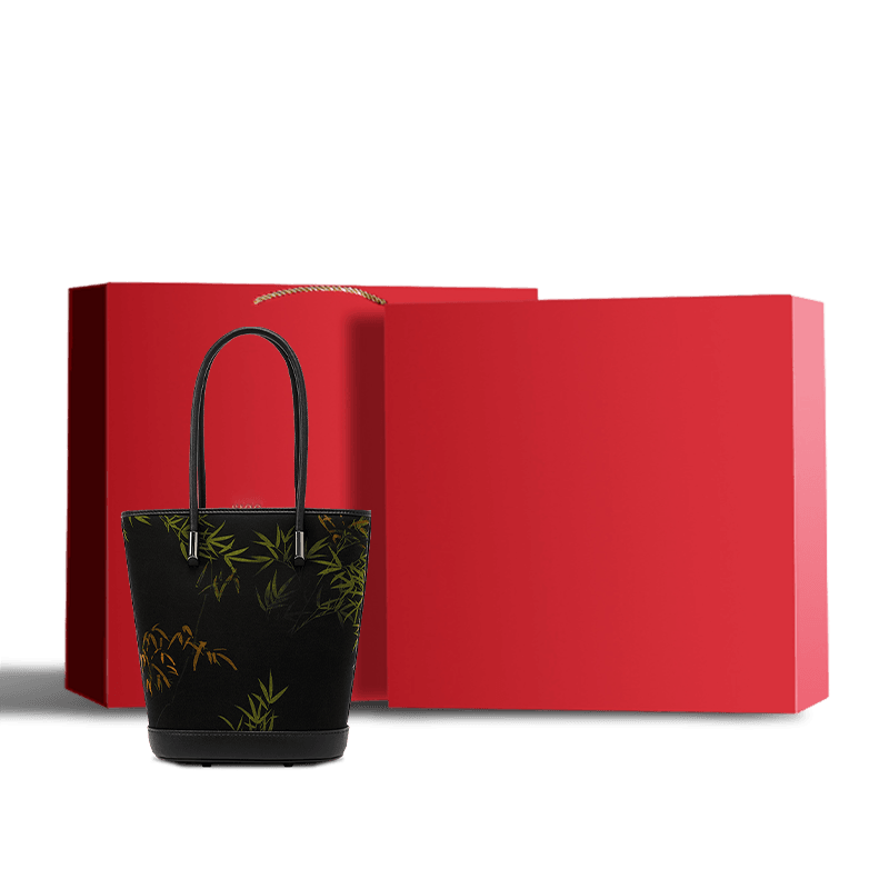 Xiangyunsha Silk Black Bamboo Print Crossbody Bucket Bag - SinoCultural -- P110608
