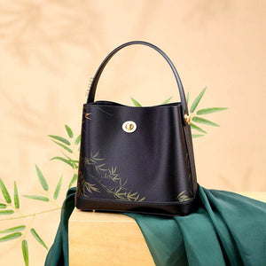 Xiangyunsha Silk Bamboo Print Crossbody Bucket Bag - SinoCultural -- YS120757