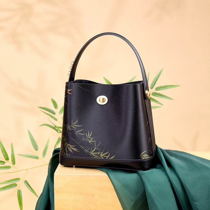 Xiangyunsha Silk Bamboo Print Crossbody Bucket Bag - SinoCultural -- YS120757