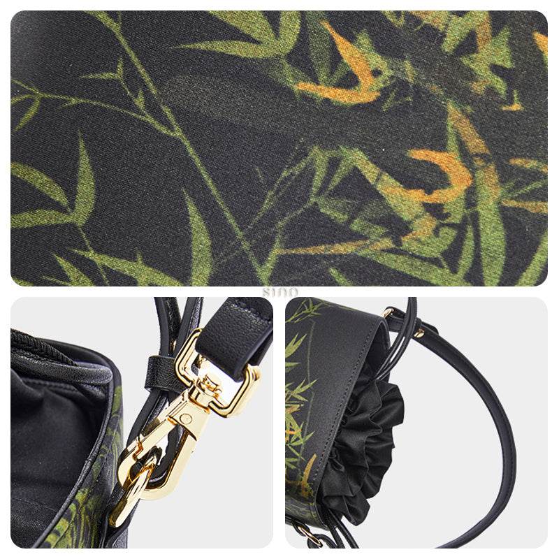 Xiangyunsha Silk Black Bamboo Print Mini Cube Bucket Bag - SinoCultural -- LD170613