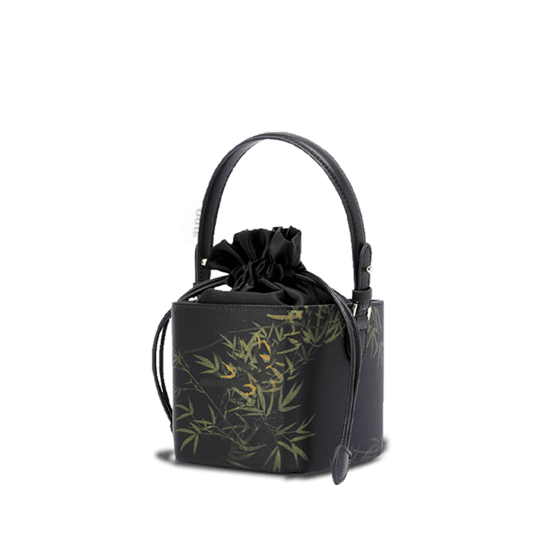 Xiangyunsha Silk Black Bamboo Print Mini Cube Bucket Bag - SinoCultural -- LD170613