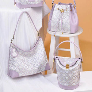 Zhuang Brocade Leather Bucket Crossbody Bag Romantic Purple - SinoCultural -- FJ120768