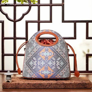 Zhuang Brocade Vintage Drawstring Bucket Bag - SinoCultural -- FJ120670
