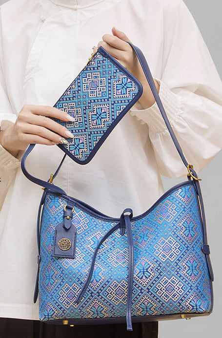 Tan Xiangguang Famous Zhuang Brocade Bag New Chinese Style National Style Tote Bag Genuine Leather High-end Sense Deep Blue Fashion Mother and Child Bag