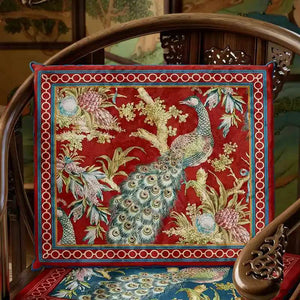 Chinoiserie Festive Red Peacock Wood Chair Cushion - SinoCultural -- SC050A38