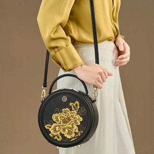 Embroidery Leather Round Handbag High Luxury Royal Gold Peony - SinoCultural -- P110171