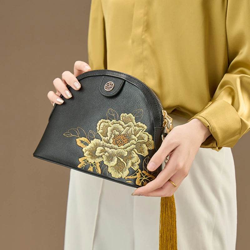 Embroidery Leather Shoulder Bag High Luxury Royal Gold Peony - SinoCultural -- P210079