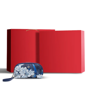 Blue Orchid Clutch in Red Gift Box Packaging.