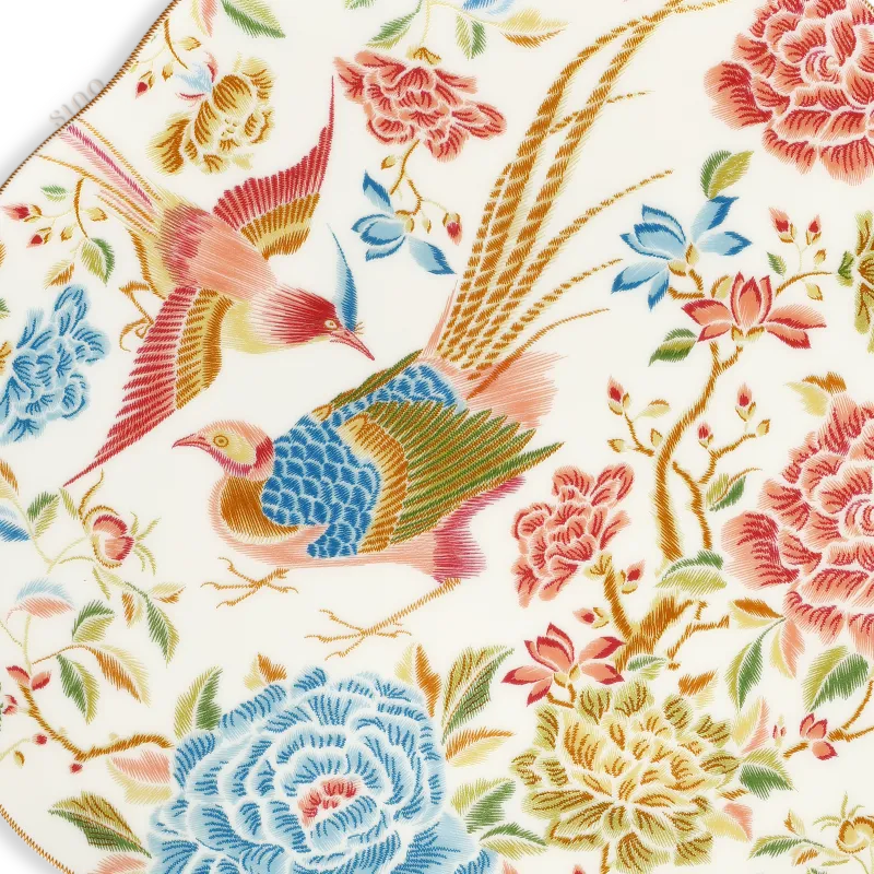 Close-up of floral and bird pattern on plate.