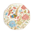 White square bone china dinner plate with floral and bird design.