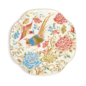 White square bone china dinner plate with floral and bird design.