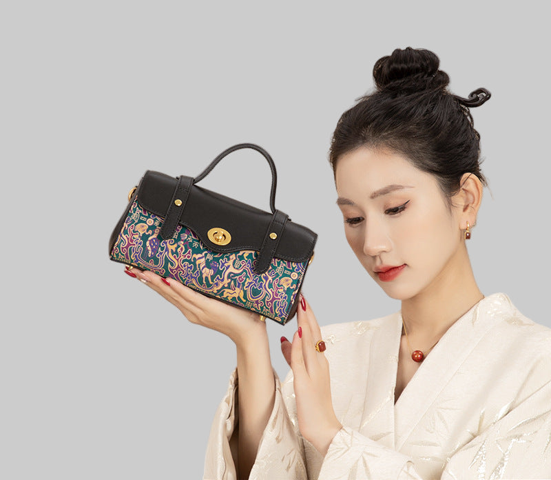 Zhang Hecai Five-Star Rising Shu Brocade New Chinese Style Genuine Leather Pillow Baguette Bag